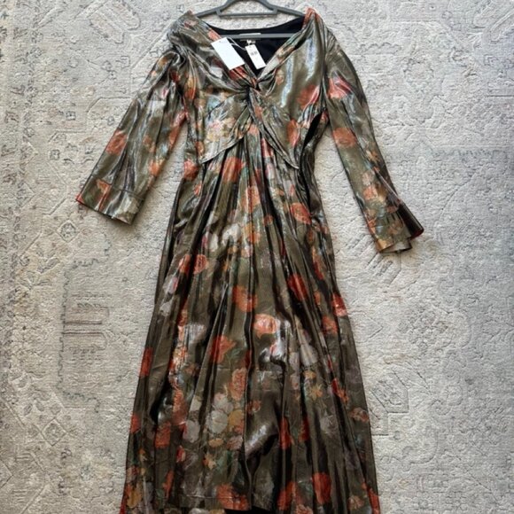 Anthropologie Caballero Floral Metallic Shimmer V-Neck Maxi Dress - Picture 2 of 3